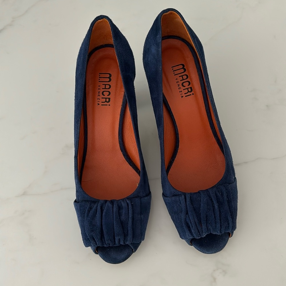Macri Venezia blue suede 3” peep toe heels. Excellent preowned condition.
